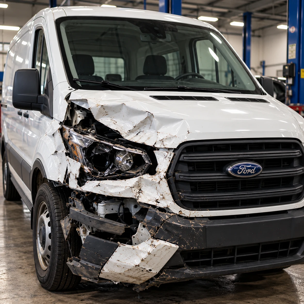 Damaged Ford Transit van with front-end collision damage before repair
