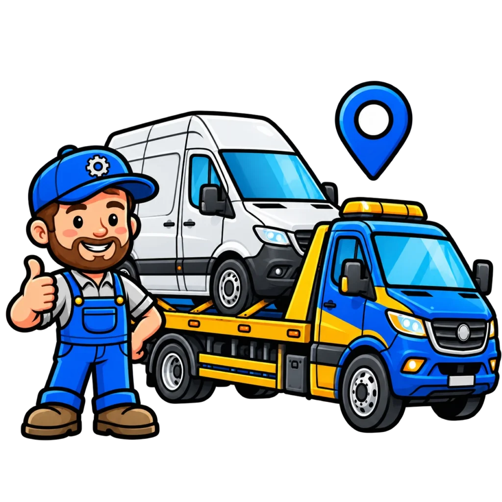 Commercial van towing service with a professional mechanic and tow truck