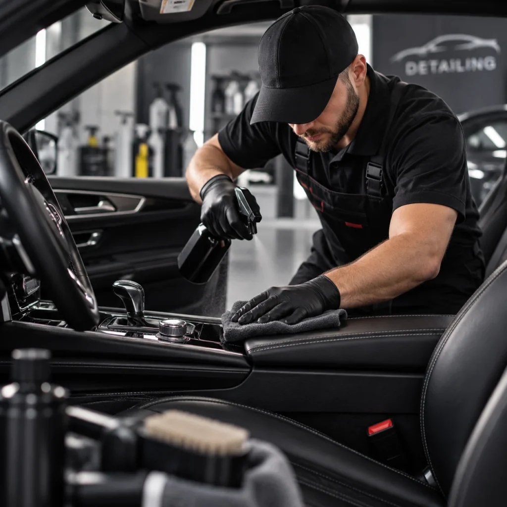 Interior car steam cleaning and luxury leather seat conditioning detailing