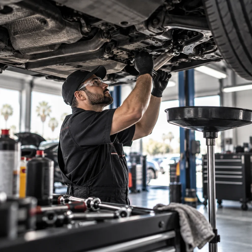 Certified technician measuring paint depth and car body panel gap with digital gauge