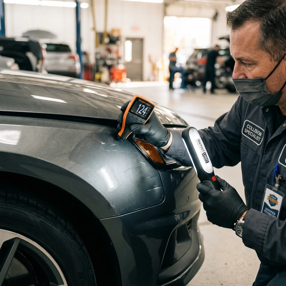 Customer consultation reviewing transparent itemized auto repair estimate with service advisor