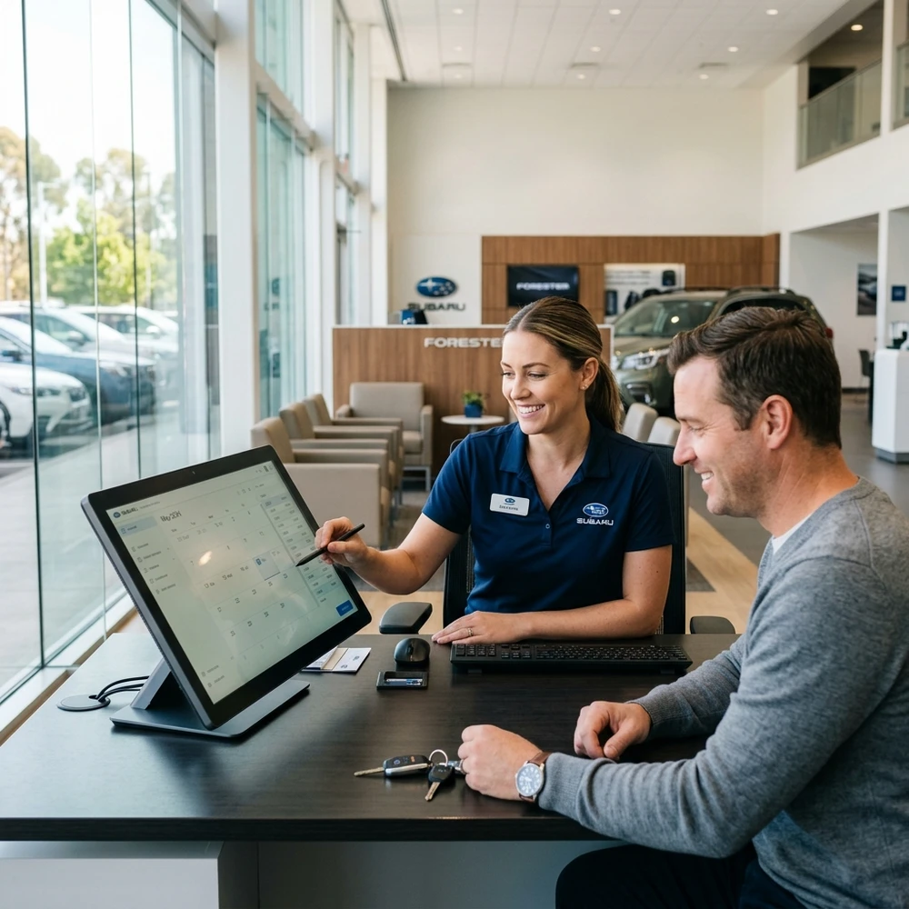 Automotive service booking consultation on digital touchscreen calendar with client